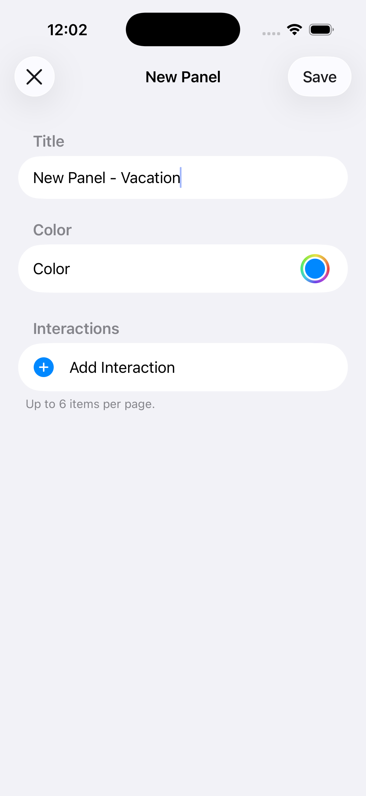 Creating a new panel — title and color