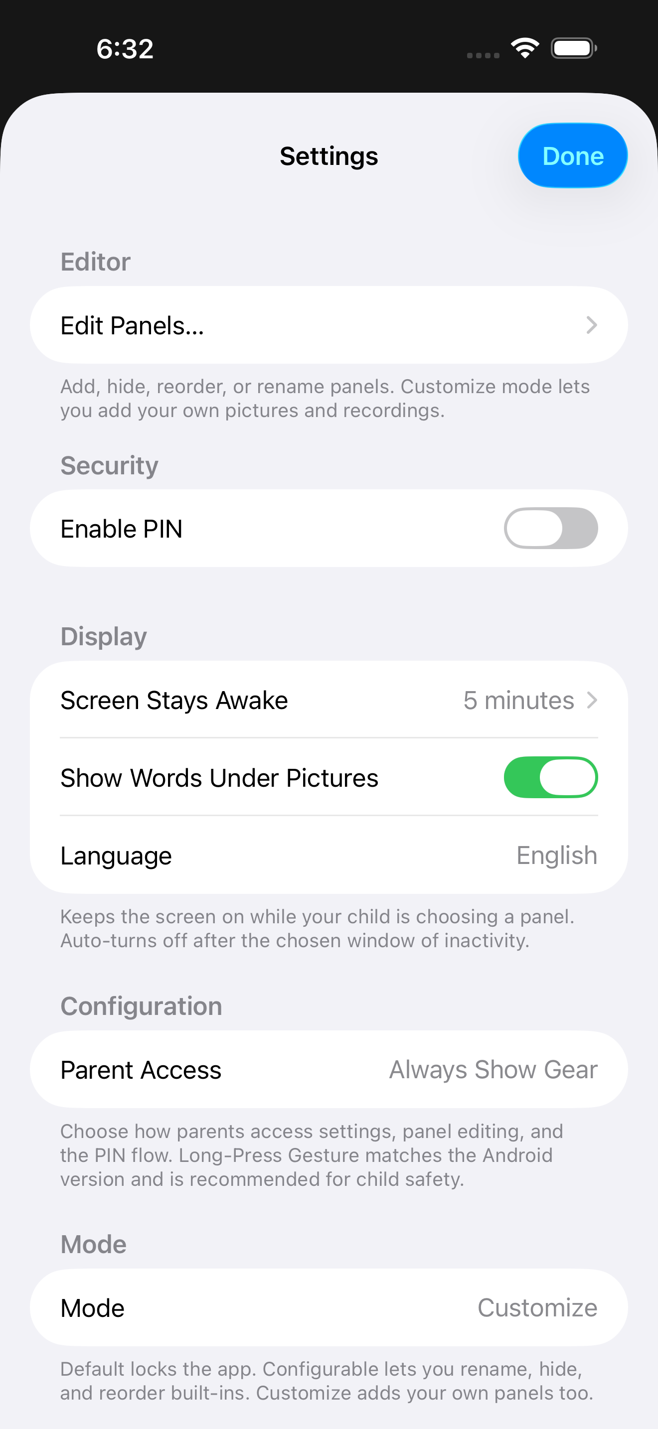 The in-app Settings screen, opened by tapping the gear icon
