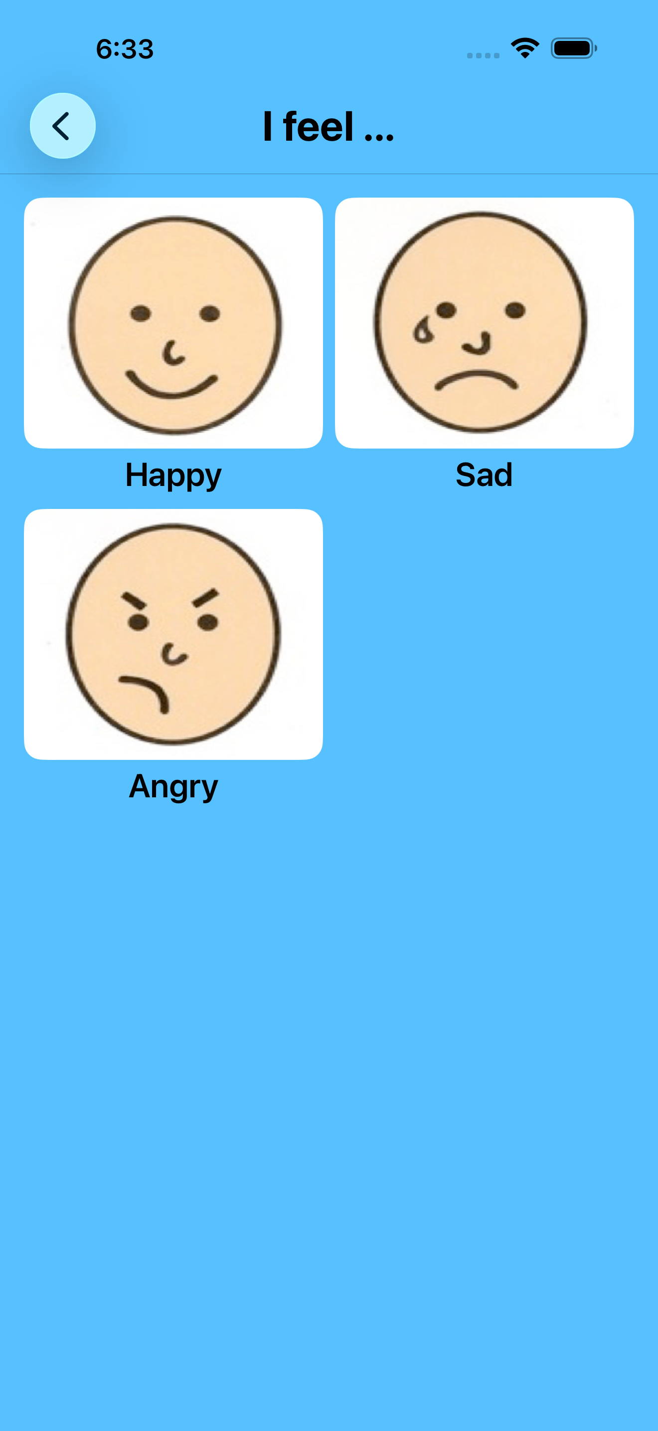 A panel with the word printed under each picture — Happy, Sad, Angry